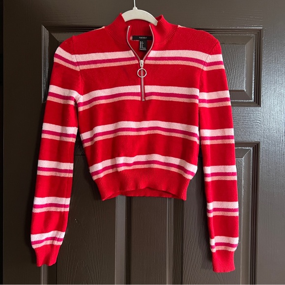 Forever 21 Red and Pink Striped Zip Sweater - Picture 2 of 5